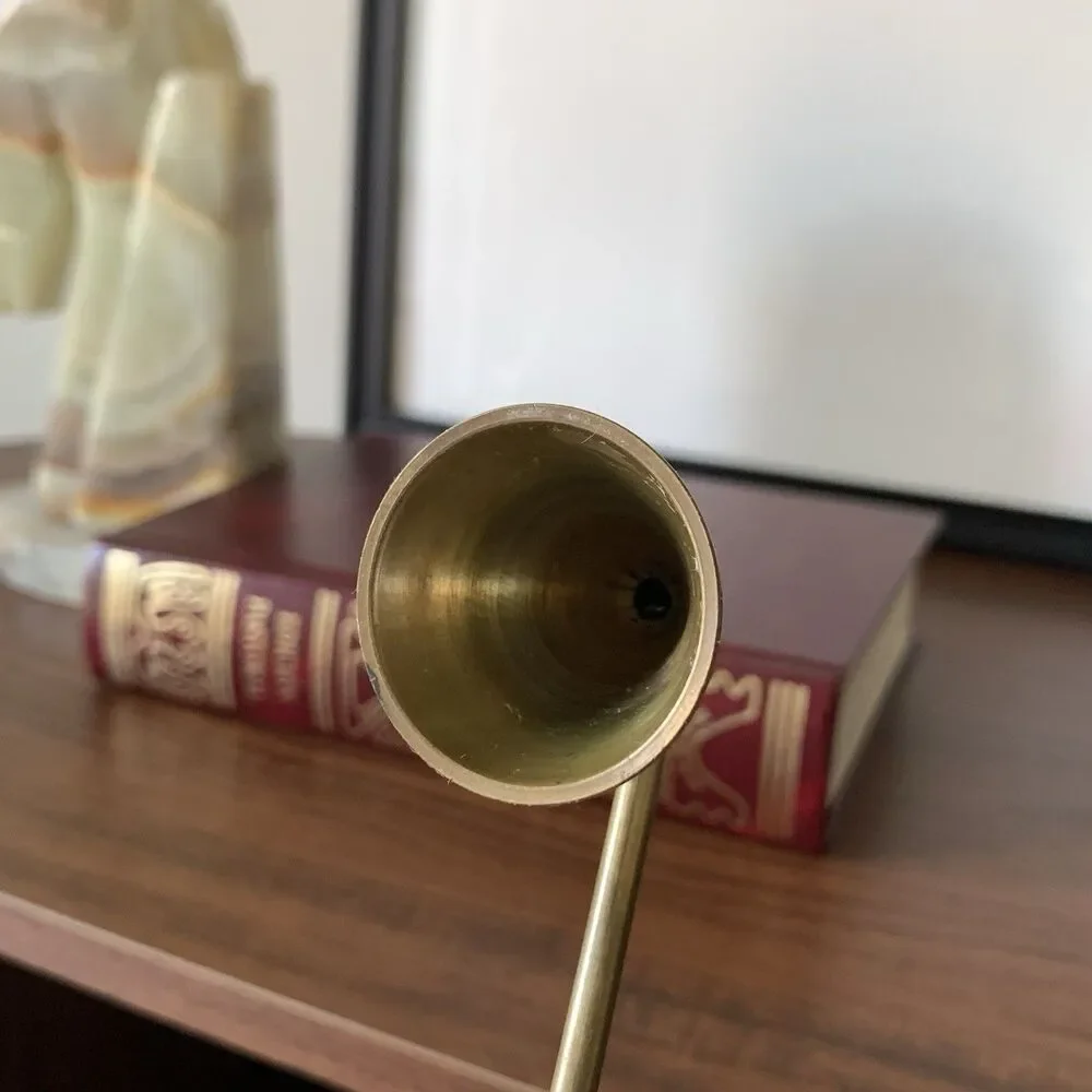 Antique Brass Bell Hinge Candle Snuffer Wooden Handle Patina Vintage Unique 13”